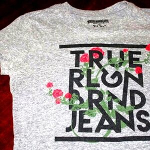 True Religion Logo Graphic Tee with Floral Detail - Size XS